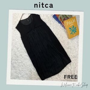 美品》ニトカ nitca 黒 プリーツワンピース ノースリーブ シンプル 日本製 ブラック ワンピース ブラック キレイめ