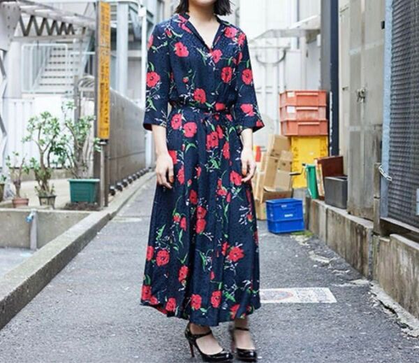 ラムシェ 比翼ボタン 紐リボン 花柄レオパード シャツワンピース カシュクール 上品 綺麗目 シルク 紺色 赤 白 日本製 S