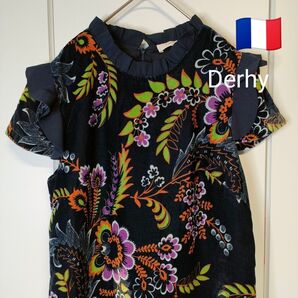 【Derhy】フランス ワンピース ルネデリー RENE DERHY ボタニカル 花柄 総柄 ベロア フリル