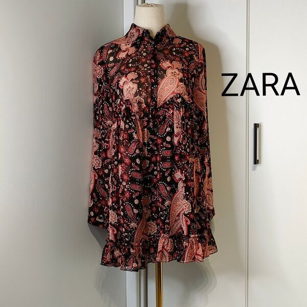 【ZARA】チュニック 花柄 ペイズリー 総柄 トップス ブラウス フリル
