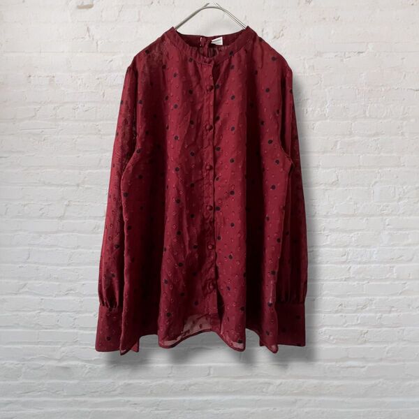 index インデックス ドット柄 長袖 ブラウス 透け感 ボウタイ リボン シャツ トップス レディース ボルドー 美品【M】