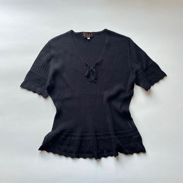 EVEX by KRIZIA エヴェックスバイクリッツィア 半袖ニット サマーニット 透かし編み Vネック 黒 【L】麻 リネン混