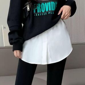 新品未使用 フェイクレイヤード シャツ ホワイト 付け裾 体型カバー 韓国 白 重ね着風 おしゃれ カジュアル
