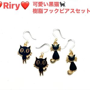 黒猫ピアス 樹脂フックピアス 2ペアセット 猫 猫ピアスアレルギー対応ピアス