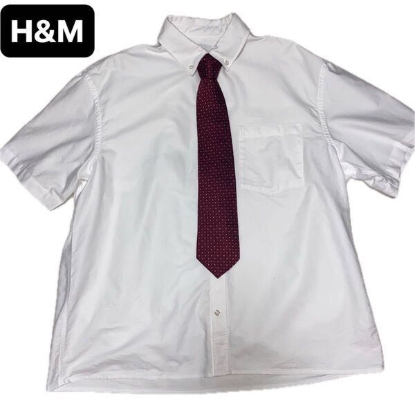 H&M 半袖シャツ メンズ ホワイト系 カジュアルフォーマル兼用 リラックスフィット シルクのネクタイ2本セット