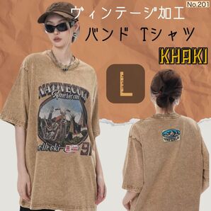 ヴィンテージ加工 バンド Tシャツ カーキ L 地底人オンライン 半袖