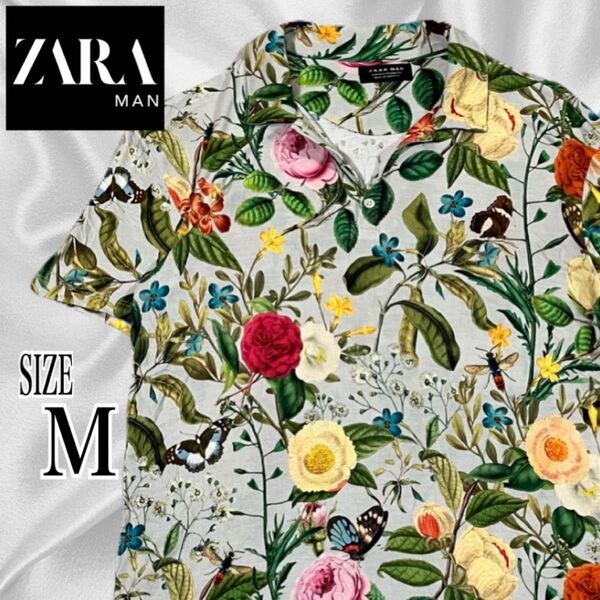 ZARA MAN 花柄 レーヨン ポロシャツ Mサイズ ボタニカル柄