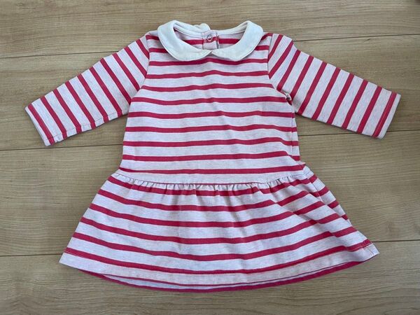 PETIT BATEAU ボーダー ワンピース 80 バッグボタン ピンク 長袖 ワンピース 女の子 ベビー服