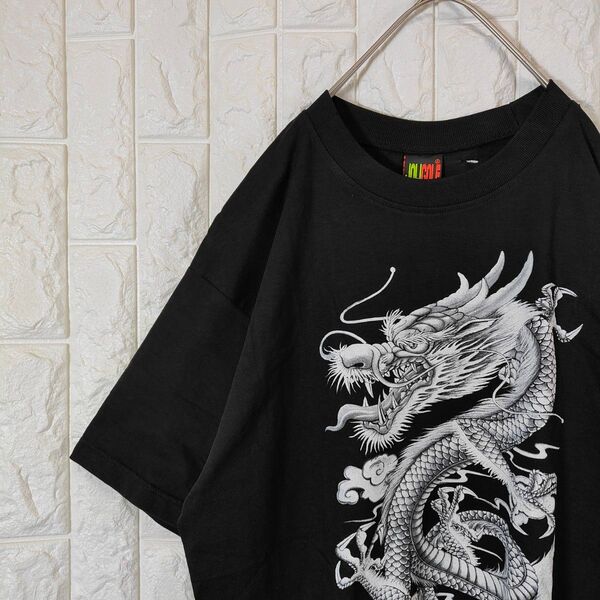 和柄 Tシャツ 龍 ビッグプリント 半袖 ブラック L オーバーサイズ