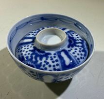 古伊万里染付 向日葵水玉模様　蓋付茶碗　4客　西とA_画像2