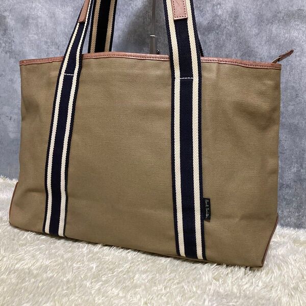【美品】ポールスミス トートバッグ レザー ベージュ A4収納可 ストライプ