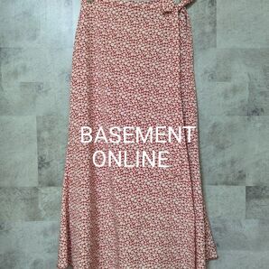【美品】BASEMENT ONLINE 赤と白の花柄 リボン付きラップ スカート ロング