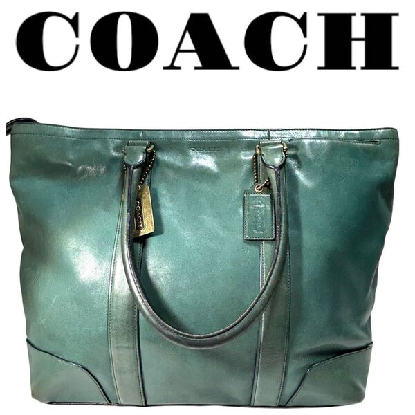 【良品】COACH トートバッグ グリーン ユニセックス ビジネスバッグ 大容量 バッグ