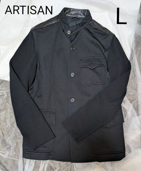 極上 メンズ ARTISAN 本革&ミリオール生地使用 薄手ニットジャケット L