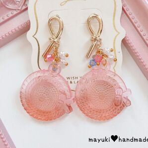 ◆ハンドメイド◆麦わら帽子×じゃらじゃらビーズ×ピンク×手染めビーズ ピアス♪