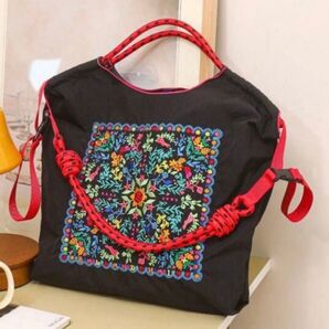 エコバッグ 刺繍 ショルダーベルト付 ショッピングバッグ ショルダー 人気 花柄 オシャレ トートバッグ ハンドバッグ