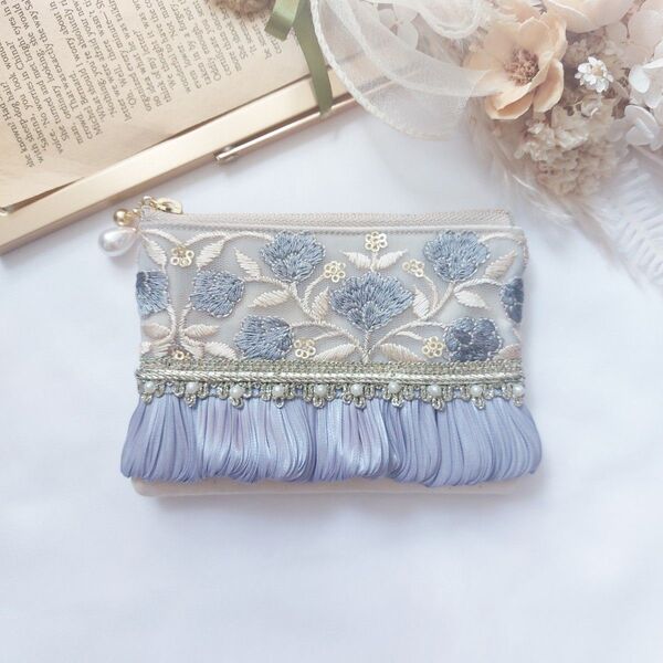 再販【 12cm 】ティッシュケースポーチ インド刺繍 ブルー × パープル