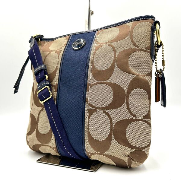 美品 COACH コーチ ショルダーバッグ サコッシュ ボディバッグ 斜め掛け キャンバス レザー シグネチャー メンズ ブルー