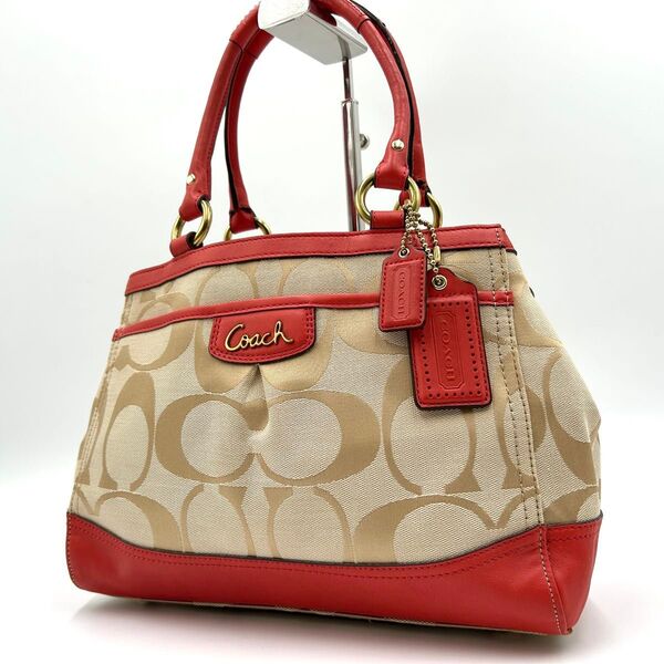美品 COACH コーチ ミニ ハンドバッグ トート レザー キャンバス オレンジ 肩掛け シグネチャー F21627 オレンジ