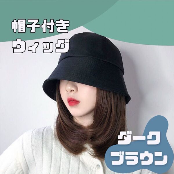 ダークブラウン 帽子付き ウィッグ 簡単 イメチェン セミロング レディース バケットハット