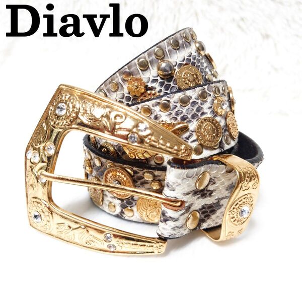 【価格の相談OK!!】Diavlo ベルト パイソン 蛇柄 スタッズ ラインストーン ゴールド レザー