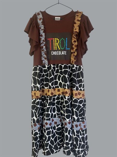 リメイク チョコレートワンピース お菓子Tシャツ レオパード ブラウン ティアードスカート ブラウン 麒麟柄 チロルチョコ