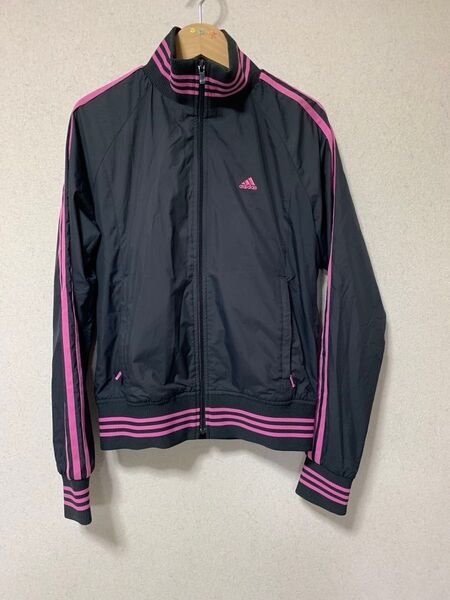 adidas アディダス ジャンバー ジャケット ナイロンジャケット レディース M 150 160 黒 ブラック ピンク3本線