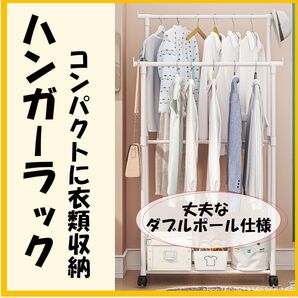 ハンガーラック 2段 キャスター付き 工具不要 組み立て 衣装ラック 2列 白 収納