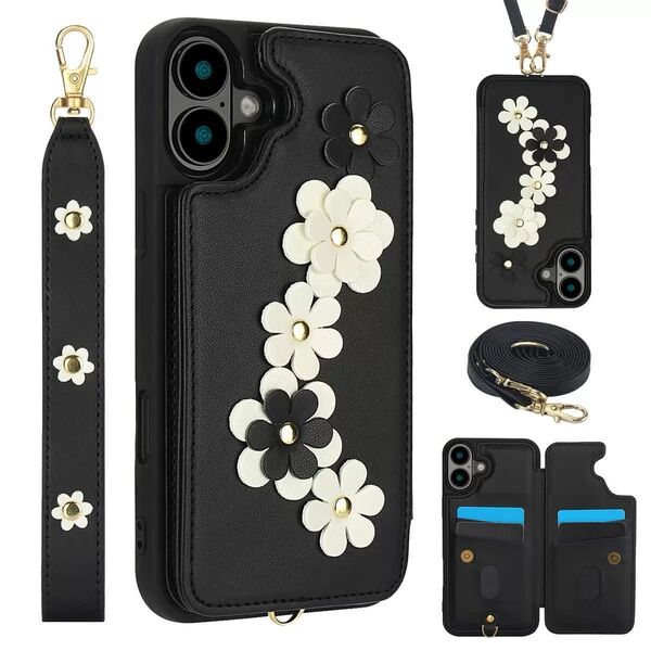iPhone 16 ケース カバー 上品 おしゃれ 手作り花 タッセル 肩紐付き カード収納 スタンド機能 便利 背面取り付け型