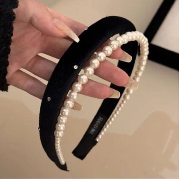 2重 ベルベット ホワイトパール カチューシャ ヘアバンド ブラック 黒 ブライダル 結婚式 上品 B666