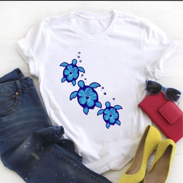 【Mサイズ】ハワイアン Tシャツ ホヌ フラダンス ウミガメ 海亀 リゾート 青 旅行 C777
