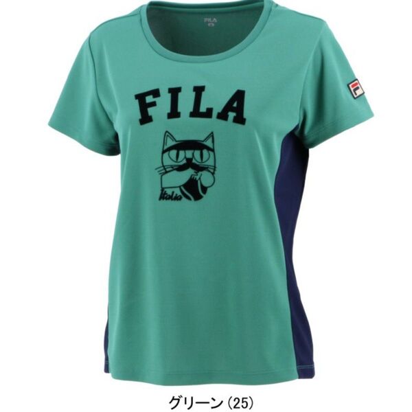 フィラ FILA Tシャツ テニスウェア Tシャツ カレッジ風字体フロッキープリント 猫ちゃんプリント グリーン Mサイズ