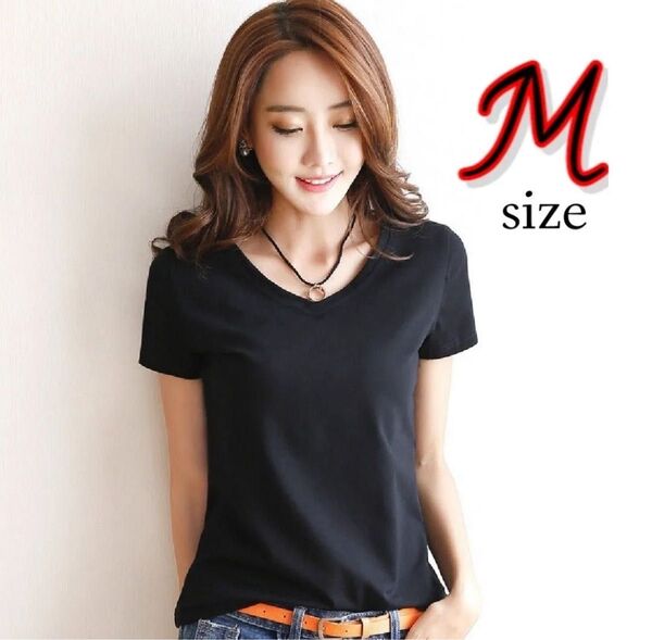 VネックTシャツ 半袖 レディース 黒 ブラック カットソー 薄手 Mサイズ