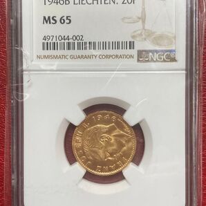 リヒテンシュタイン 20フランケン金貨 1946年 NGC-MS65