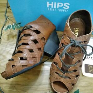 HIPS■春夏♪編み上げカジュアルシューズ・ブラウン・S・天然皮革・試し履き・未使用品 保管品