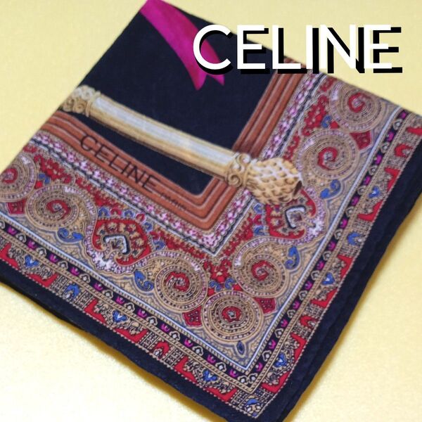 【USED】CELINE セリーヌ ステッキ柄 透かし模様 織り生地 51×51 ブランドハンカチ