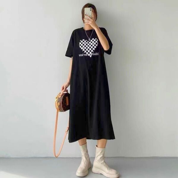 レディース カットソーワンピース Tシャツワンピース ロング丈 ワンピース 部屋着 ルームウェア 黒 ブラック 半袖 韓国