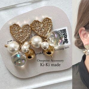 ハート パール クリア ゴールド No.2400 ハンドメイドピアス イヤリング