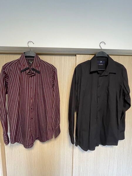 長袖シャツセット 赤とグレーのストライプと黒 ワイシャツ L XL