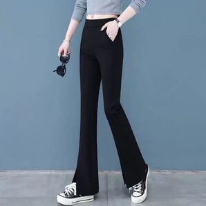 フレアパンツ スリット レディース スキニー レギンス ストレッチ 美脚 足長効果 黒 2XL 3XL 春夏 薄手