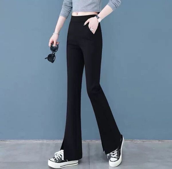 フレアパンツ スリット レディース スキニー レギンス ストレッチ 美脚 足長効果 黒 3XL 春夏 薄手