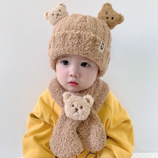 ★冬物売り尽くしSALE中★ ベビー 赤ちゃん マフラー ニット帽 2点セット ベージュ 防寒 大人気 可愛い くまちゃん