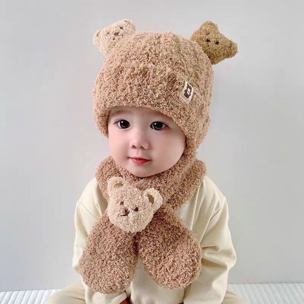 ★冬物売り尽くしSALE★ ベビー 赤ちゃん マフラー ニット帽 2点セット ベージュ 防寒 大人気 可愛い おしゃれ くまさん