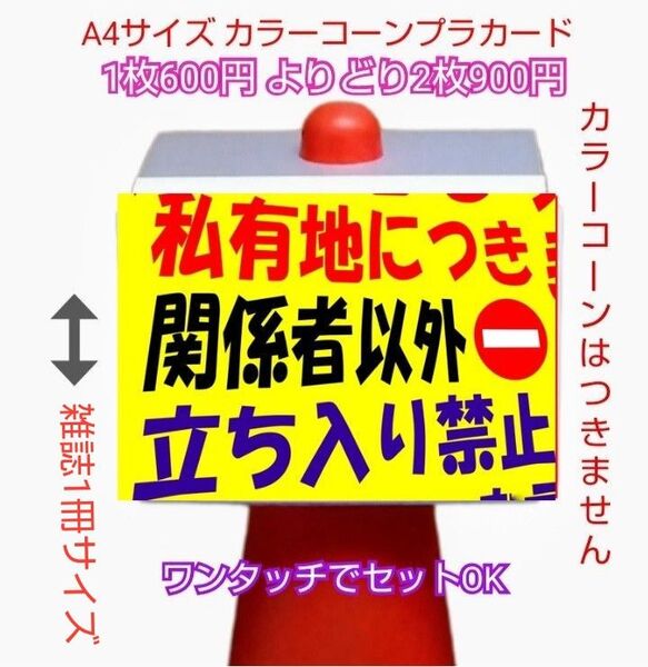A4サイズカラーコーンプラカード310『私有地につき関係者以外立ち入り禁止』斜め