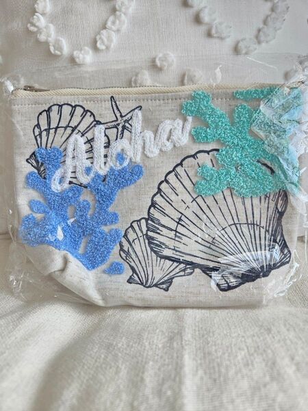 新品 ポーチ ALOHA アロハ ハワイ ポーチ 貝殻 ホワイト系