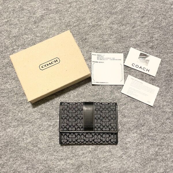 【未使用】 COACH 三つ折り財布 キャンバス ×レザー ミニシグネチャー 黒 コーチ 財布