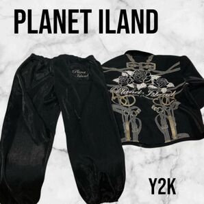 Planet Iland/プラネットアイランド セットアップ Y2Kファッション 黒 ブラック 刺繍