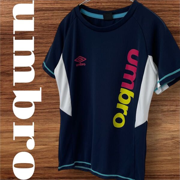 umbro アンブロ Tシャツ トップス 半袖 スポーツシャツ プリント ロゴ レディース M ネイビー 紺 ストレッチ