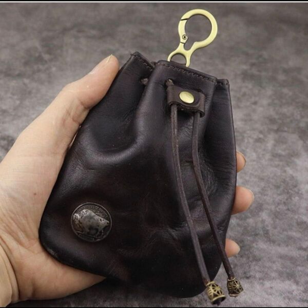 本革 小銭入れ 小物入れ レザー ヴィンテージ 巾着ポーチ 黒 コインケース
