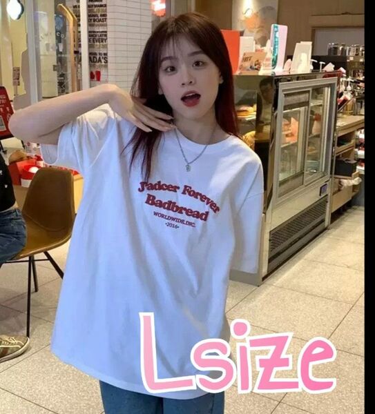 【L・ホワイト】レディース半袖Tシャツルーズフィットカジュアル コットン シンプル クルーネック ストリート風